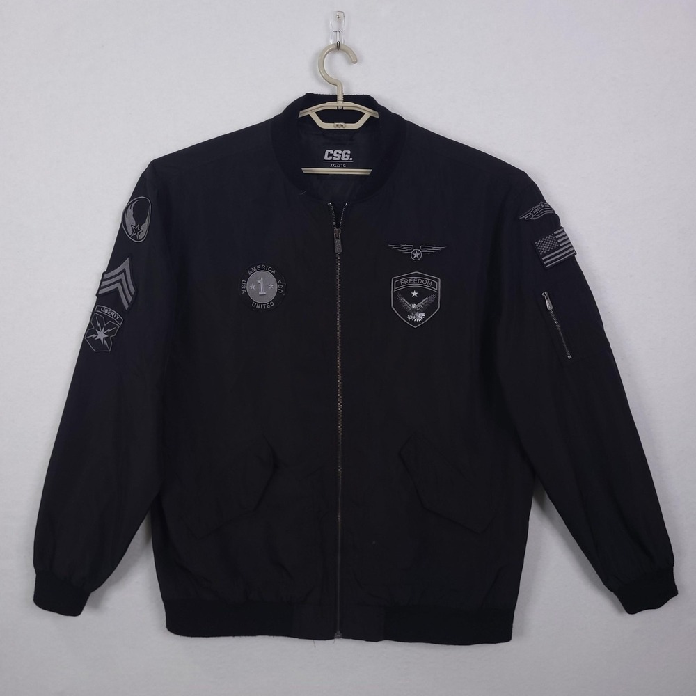 CSG Jacket Mens 3XL Black Bomber Freedom Liberty USA Flag Patriotic Patches